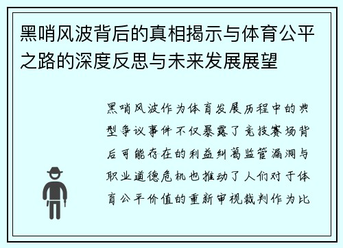 黑哨风波背后的真相揭示与体育公平之路的深度反思与未来发展展望 黑哨风波背后的真相揭示与体育公平之路的深度反思与未来发展展望